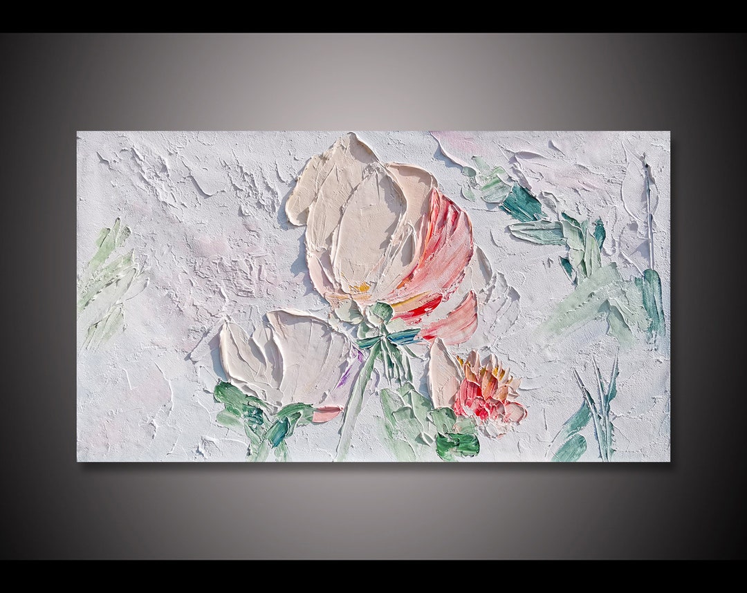 Original Art 3D White Pink Rose Flower Oil Painting on Canvas Floral ...