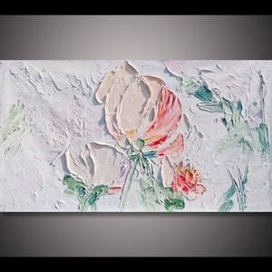 Original Art 3D White Pink Rose Flower oil painting on canvas Floral art Living room wall decor texture art palette knife painting Large Art