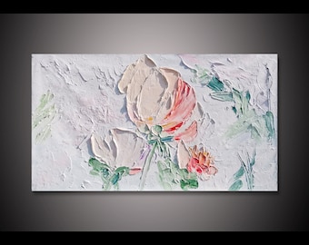Original Art 3D White Pink Rose Flower oil painting on canvas Floral art Living room wall decor texture art palette knife painting Large Art