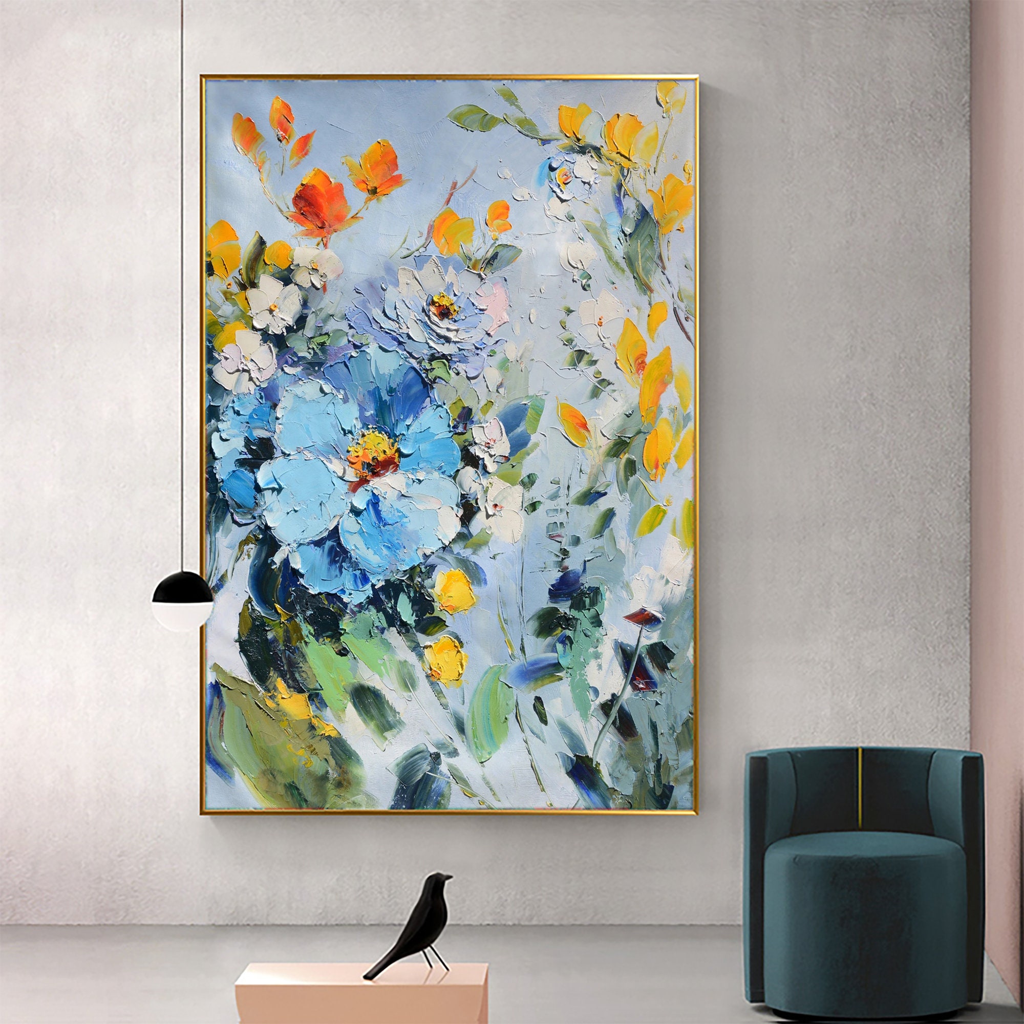 Large Abstract Blue Rose Flower Oil Painting on Canvas Art Colorful ...