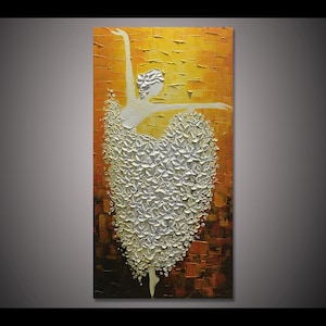 Hand painted Original Ballet Dancer oil painting on canvas wall art White Flower Dancing Ballerina thick palette knife acrylic painting art