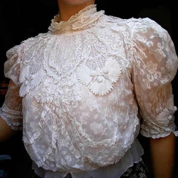 Antique Victorian blouse bow lace irish crochet bodice gibson girl edwardian