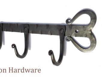 4 Hook Rack Panel, Wrought Iron Towel Hanger Coat Bag Belt Mug Holder Rustic Farmhouse Kitchen Utensil Blacksmith Hand forged Wall Door Rail