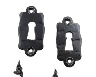 2 Hand Forged Keyhole Covers, Escutcheon Plate, Cabinet Door Metal Skeleton Lock Key hole, Hammered Black Wrought Iron, Rustic Antique Style