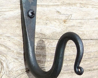 2 Hand Forged Hooks 3.5&quot; Wrought Iron Kitchen Towel Hanger Coat Hat Bag Key Wall Mounted Pot Holder Curtain Pole Storage Strong Rustic Metal