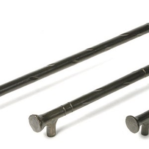 May include: Three black metal cabinet pulls with a twisted design. The pulls are different sizes, with the largest being approximately 10 inches long.