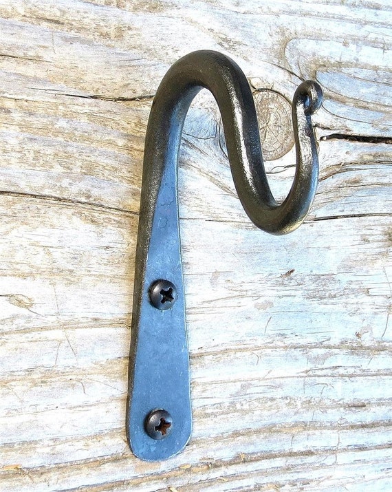 2 Curtain Rod Hooks, Hand Forged 3.5 Wrought Iron, for 0.5 Diameter Pole Rod,  Kitchen Towel Hanger Utensils Mug Rack Holder Hammered Metal 