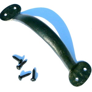 May include: A dark green metal door handle with a curved shape and two round ends. The handle comes with four black screws.
