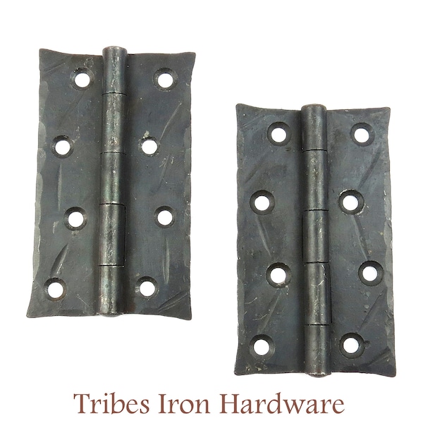 2 Hand Hammered 4" Butt Door hinges, Heavy Duty Barn Hinges, Rustic Antique Gate Wrought Iron Farmhouse Cabinet Hardware, Forged Waxed Metal