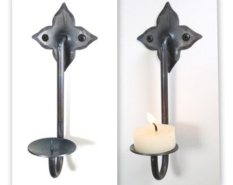 2 Hand Forged Candle Holders Wall Hung Rustic Sconces Black Metal Decor Wrought Iron Stick Christmas Gift Blacksmith Pair 6.7" Candleholders