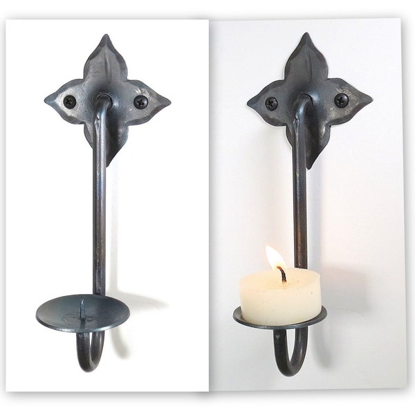 2 Hand Forged Candle Holders Wall Hung Rustic Sconces Black Metal Decor Wrought Iron Stick Christmas Gift Blacksmith Pair 6.7" Candleholders