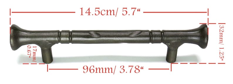 May include: A dark brown metal cabinet pull with a twisted design. It measures 5.7 inches long, 3.78 inches wide, and 1.25 inches tall.