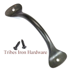 May include: Black metal door pull handle with rounded ends and two mounting holes. The handle is 5 inches long and comes with two black screws.