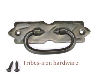 Tirador de aro para placa trasera de armario, tirador de cajón de hierro forjado a mano, cómoda, cofre de mantas antiguo, baúl, puerta de armario de cocina, metal negro