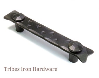 Wrought Iron 5.4" Cabinet Pull Handle, 96mm Kitchen Cupboard Door Handle, Hammered Rustic Chest Drawer Pull, Blacksmith Hand forged Metal