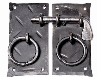 Square Cabinet Door Latch with Ring Pulls, Hand Forged Slide Bolt with Handles, Wrought Iron Finger lock, Antique Furniture Cupboard Decor