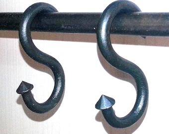 Lot of 6 Hand Forged S' Hooks 2.55" Farmhouse Kitchen Utensils Rack, Pot Lamp Hanger, Mug Cup Towel Pan Holder, Wrought Iron Storage Hooks