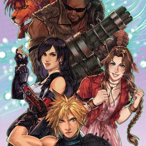 May include: A digital illustration featuring five characters from Final Fantasy VII: a spiky-haired blonde warrior, a woman with long dark hair, a woman with braided brown hair in a pink dress, a man with a gatling gun arm, and a red feline creature.