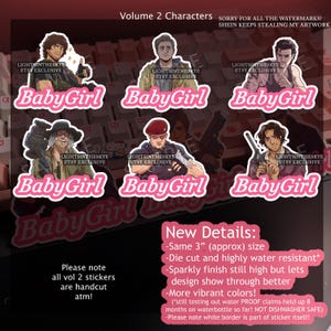 May include: A set of six die-cut stickers with anime-style character illustrations. Each sticker features the text "Baby Girl" in pink. The stickers are approximately 7.6 cm in size and have a sparkly finish. The text "LIGHTSINTHESKYE ETSY EXCLUSIVE" is also present.