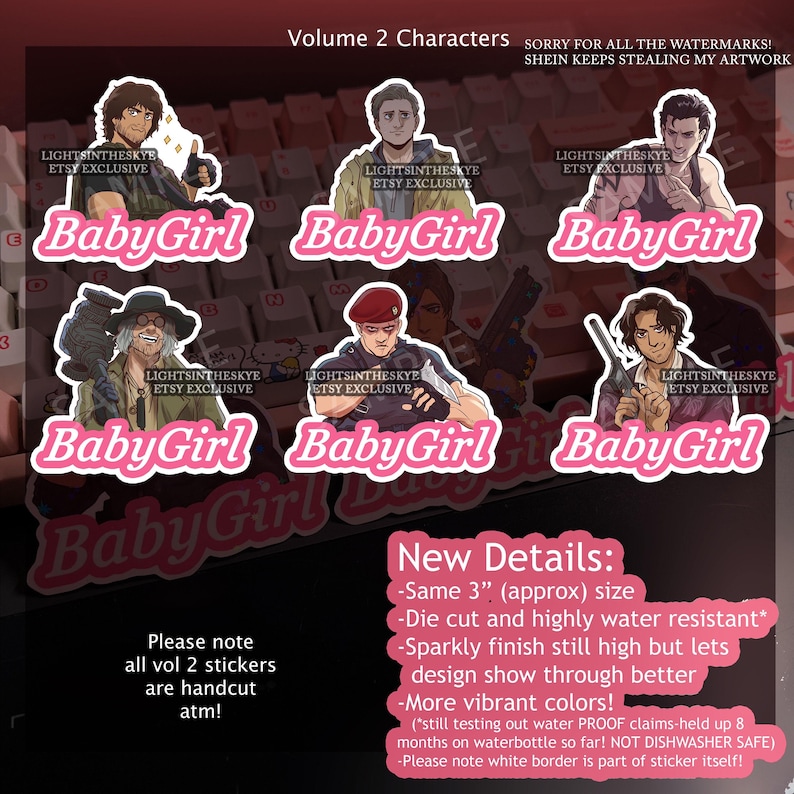 May include: A set of six die-cut stickers with anime-style character illustrations. Each sticker features the text "Baby Girl" in pink. The stickers are approximately 7.6 cm in size and have a sparkly finish. The text "LIGHTSINTHESKYE ETSY EXCLUSIVE" is also present.