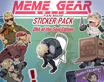 May include: A sticker pack titled MEME GEAR SOLID FAN MADE STICKER PACK DNA of the Soul Edition featuring various illustrated characters, including a person playing a violin, a cat with a gun, a person sitting on a chair, and a box labeled THE ORANGE.