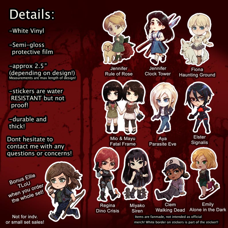 May include: A collection of eleven chibi-style character stickers printed on white vinyl with a semi-gloss protective film. Each sticker features a unique character illustration with a white border, measuring approximately 2.5 inches in length.