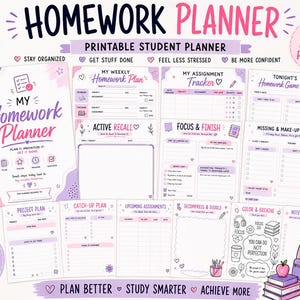 May include: A 20-page printable student homework planner in PDF format, US Letter 8.5 x 11 inches. The set includes a cover page, weekly homework plan, assignment tracker, focus and finish sheets, project plans, and note pages with pink and purple accents.
