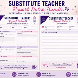 May include: Two white printable substitute teacher report note sheets with purple and pink accents. The forms include sections for classroom overview, lesson activities, student behavior, and extra notes, all featuring icons and text in English.