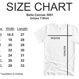 May include: Size chart for a Bella Canvas 3001 unisex t-shirt, showing width and length measurements in inches for sizes XS to 3XL.