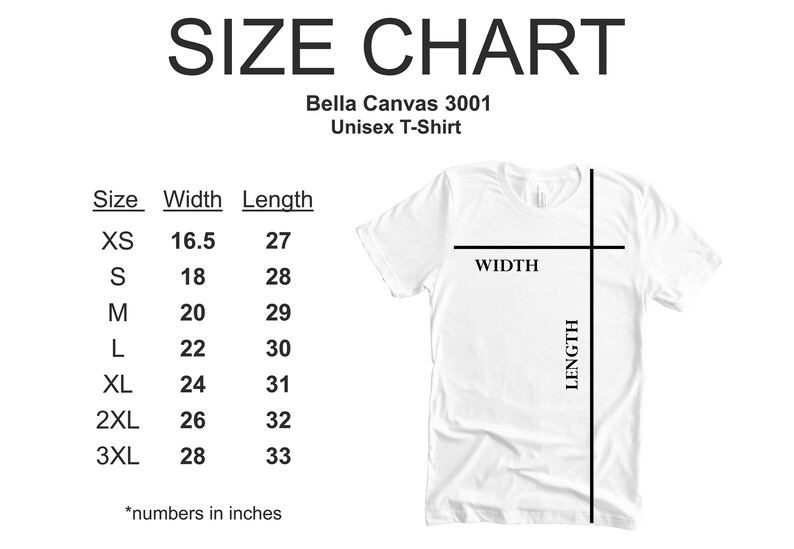 May include: Size chart for a Bella Canvas 3001 unisex t-shirt, showing width and length measurements in inches for sizes XS to 3XL.