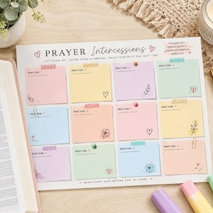 May include: A white prayer intercessions sheet featuring twelve pastel-colored sticky note sections with the text PRAYER Intercessions, Lift them up, cover them in prayer, trust God with the outcome, and Bring every need before God. He cares.