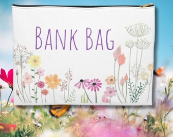 BANK BAG | White | Flowers | Purple | Budgeting Bag | Envelope Budgeting | Budget | Deposit Bag | Accessory Pouch