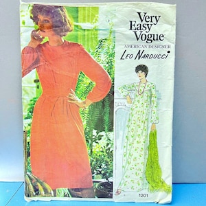 May include: Vintage sewing pattern from Very Easy Vogue, designed by Leo Narducci. The cover features illustrations of two dresses, one in coral and the other in a floral print. The pattern number is 1201.
