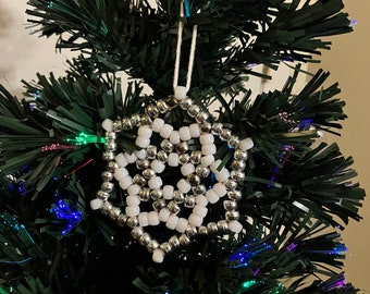 Silver and white hand beaded star snowflake ornament