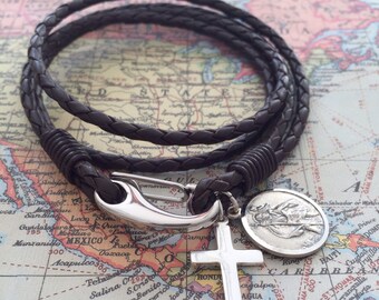 Silver Cross - Saint Christopher Medal - Engraved Men's Leather Bracelet - Gift For Him -Religious Jewellery