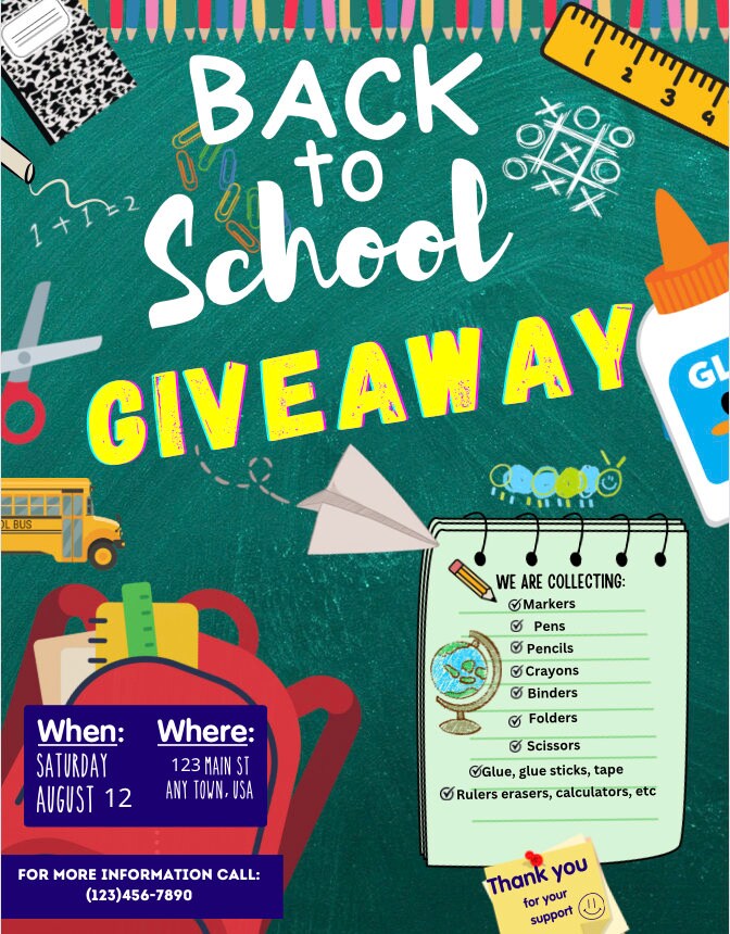 EDITABLE Back to School Giveaway Drive Fundraiser Flyer, Back to School