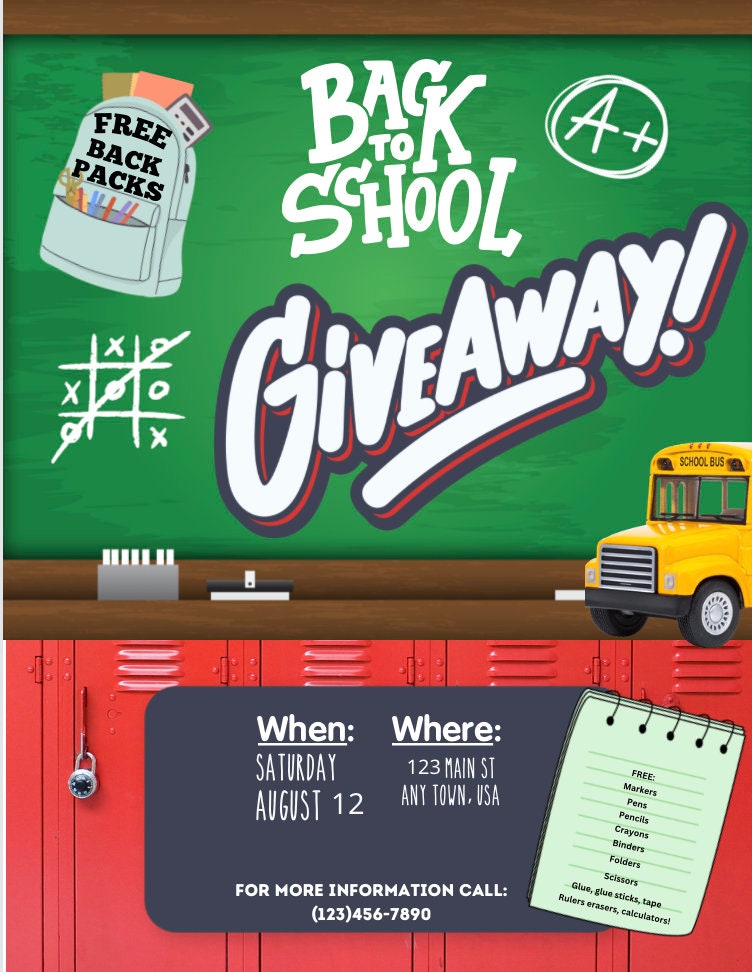 EDITABLE Back to School Giveaway Drive Fundraiser Flyer, Back to School