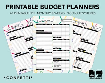 Op de afbeelding: Printbare budgetplanners in A4-formaat, met een kleurrijk confetti-ontwerp. De planners bevatten wekelijkse en maandelijkse budgetbladen met secties voor inkomsten, uitgaven en besparingen.