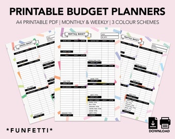 Op de afbeelding: Printbare budgetplanner-sjablonen in drie kleurenschema's. De sjablonen zijn ontworpen voor wekelijkse en maandelijkse budgettering. De afbeelding toont een close-up van de sjablonen met een confetti-achtergrond. De tekst "FUNFETTI" staat onderaan de afbeelding. De tekst "DOWNLOAD" staat rechtsonder in de afbeelding.
