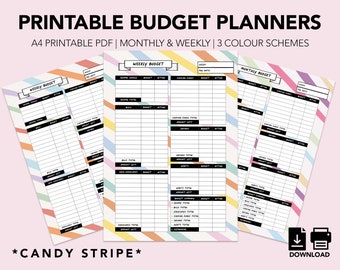 Op de afbeelding: Printbare budgetplanners in A4 PDF-formaat. De planners hebben een snoepstreepontwerp met pastelkleuren en zijn beschikbaar in wekelijkse en maandelijkse formaten. De tekst "*CANDY STRIPE*" staat onderaan de afbeelding.