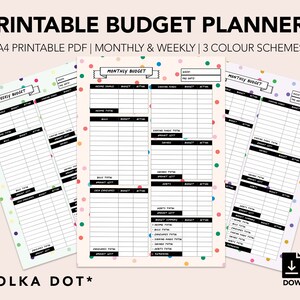 Op de afbeelding: Printbare budgetplanner-sjablonen in drie kleurenschema's: groen, roze en blauw. Elke sjabloon heeft een stippenachtergrond en bevat secties voor wekelijkse en maandelijkse budgetten. De tekst "*POLKA DOT*" staat onderaan de afbeelding.