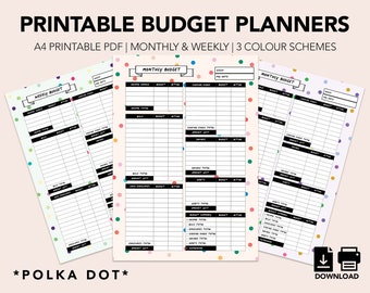 Op de afbeelding: Printbare budgetplanner-sjablonen in drie kleurenschema's: groen, roze en blauw. Elke sjabloon heeft een stippenachtergrond en bevat secties voor wekelijkse en maandelijkse budgetten. De tekst "*POLKA DOT*" staat onderaan de afbeelding.