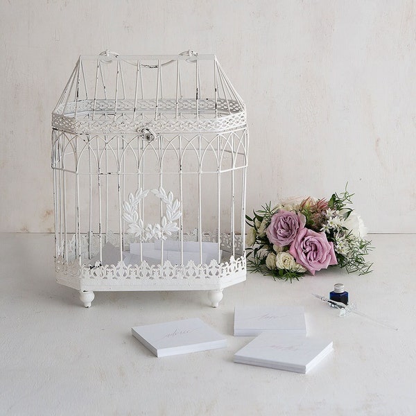 Distressed Conservatory Style White Birdcage Wedding Reception Card Holder for Cards Decorations Rustic