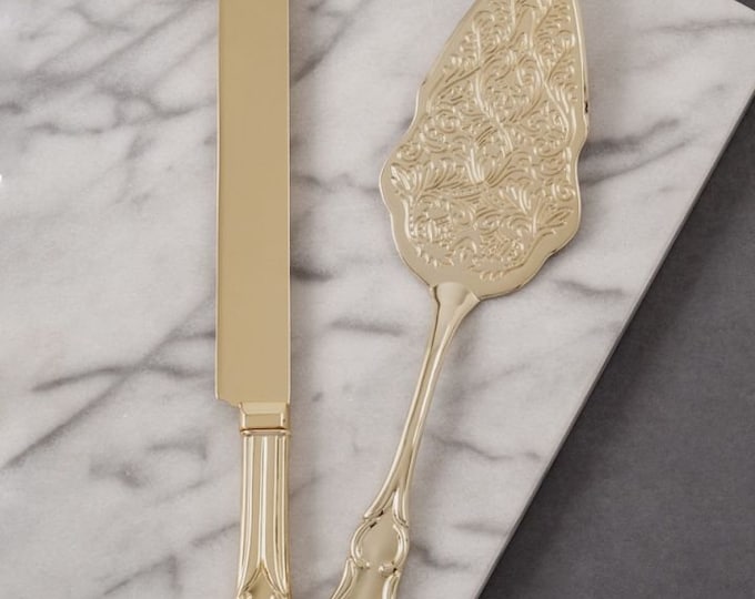 Romance Style Engraved Gold Wedding Cake Knife Set Accessories Bridal Personalized Server Free Shipping