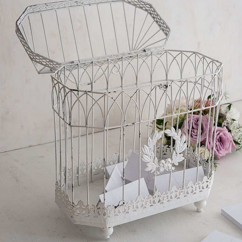 Distressed Conservatory Style White Birdcage Wedding Reception Card Holder for Cards Decorations Rustic image 2