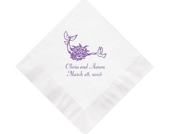 Doves and Roses Wedding Napkins Personalized Set of 100 Custom Printed Paper Cocktail Reception Decorations Decor USA