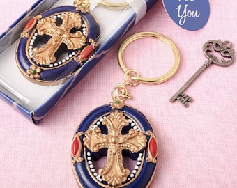 Religious Gold Cross Design Key Chain Favors Baptism Christening (Pack of 10) Catholic Gifts Christmas Communion Favor Holiday Gift