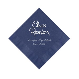 May include: A square navy blue paper napkin with a textured border. The center features white printed text that reads Class Reunion, Lexington High School, and Class of 1976 in a combination of script and standard serif fonts.