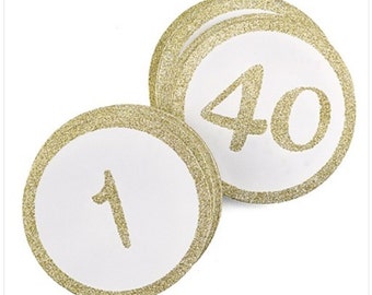 Round Glitter Table Number Cards for Wedding Receptions and Events Silver or Gold on White Reception Table Decor