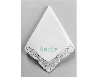 Custom Embroidered Handkerchief Lace Border Something Blue Bridal Shower Gift Idea Hanky